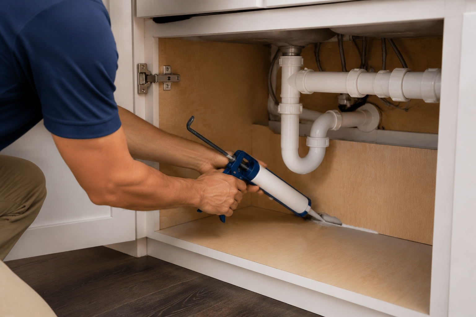 Person sealing under a kitchen sink with a caulking gun, white pipes visible.