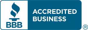 BBB Accredited Business logo with blue flame icon and white text on a teal background