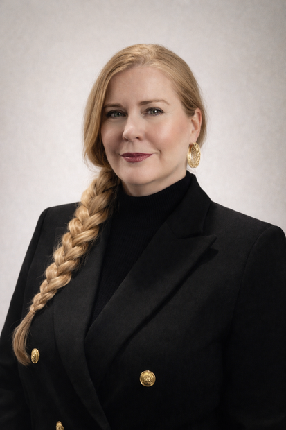 A blonde person with a side braid, wearing a black blazer and turtleneck, poses against a neutral gray background.