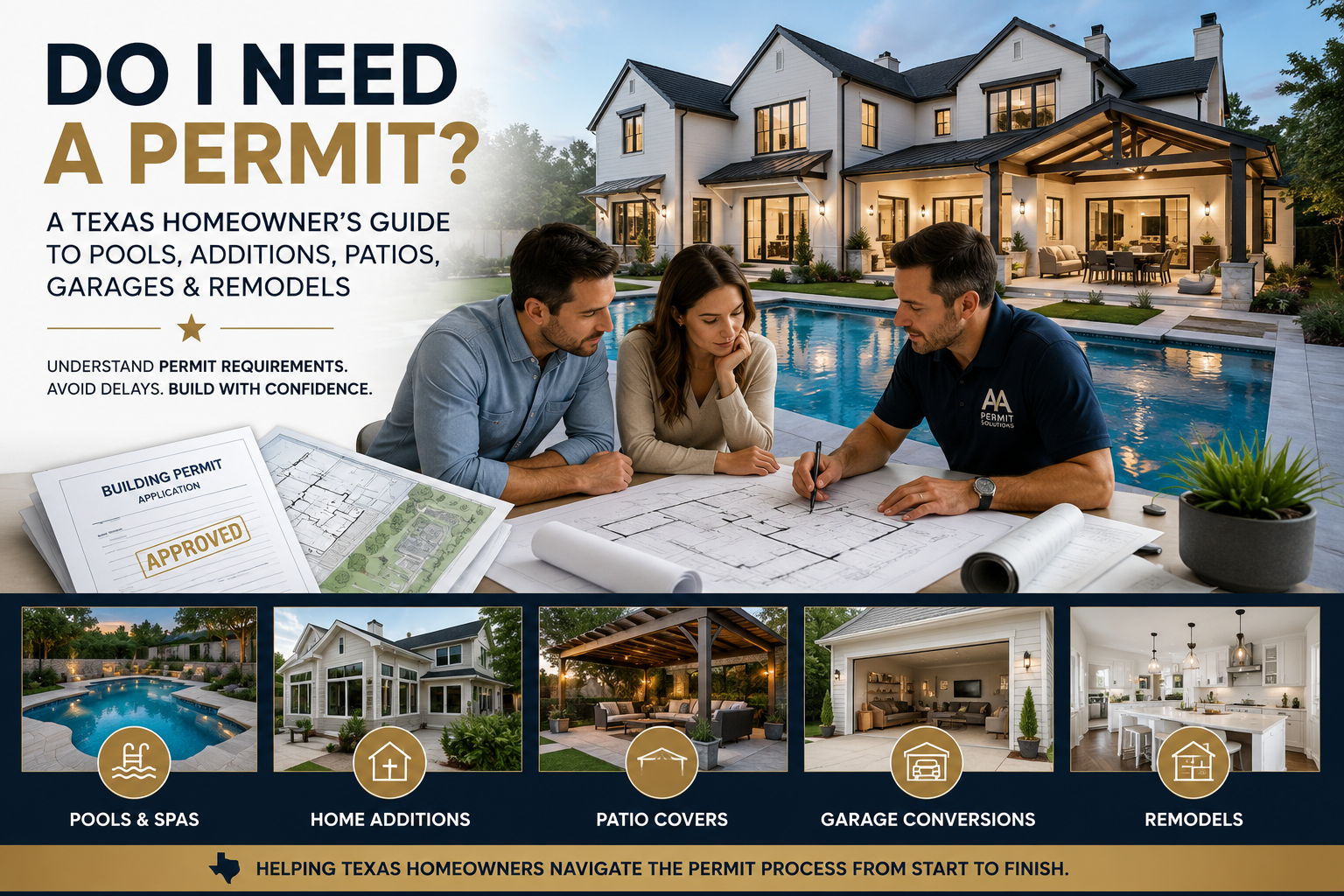Three people review house plans beside a luxury pool at sunset, with a title about needing a permit