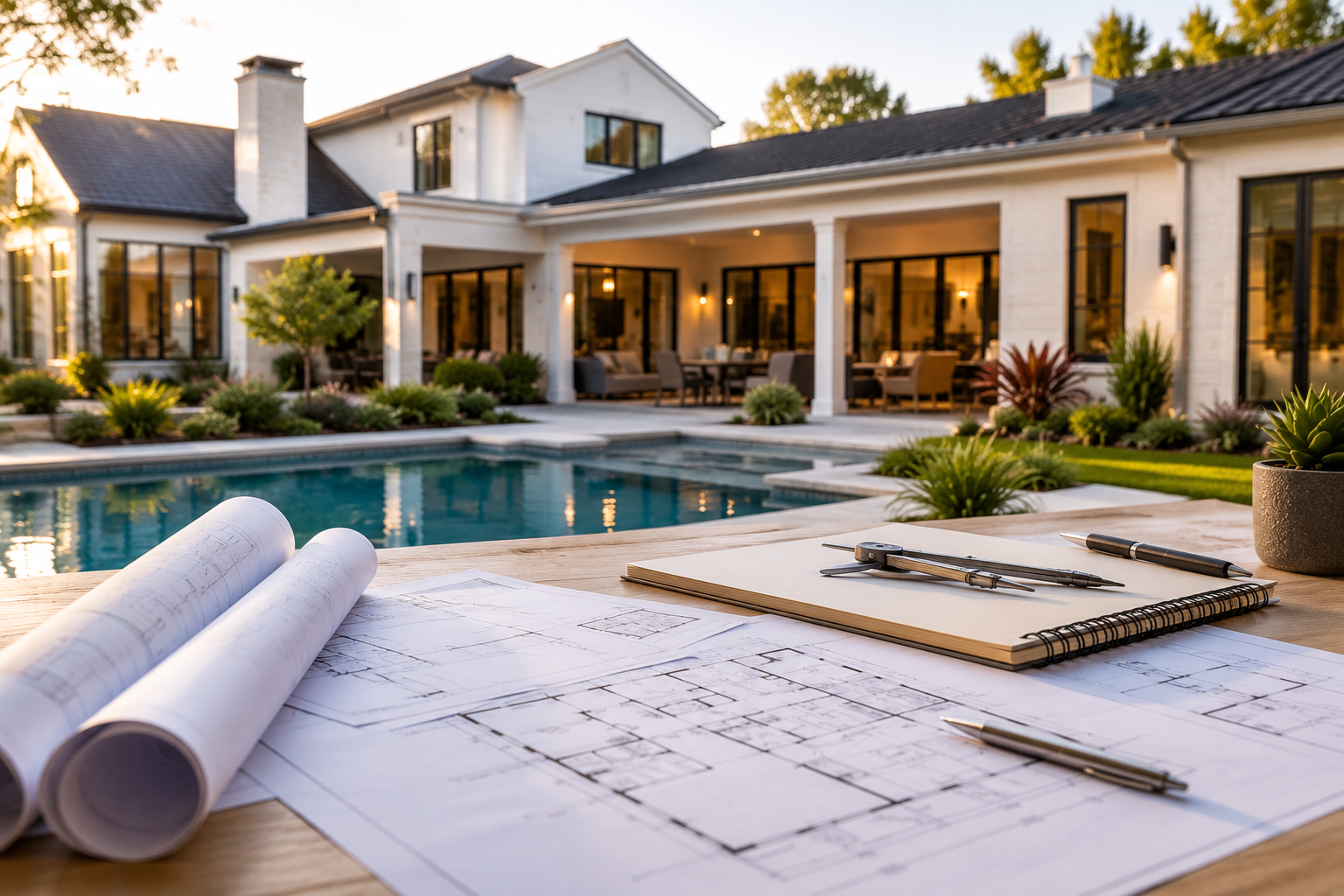 Architectural blueprint on a table beside a luxury modern home and pool outdoors