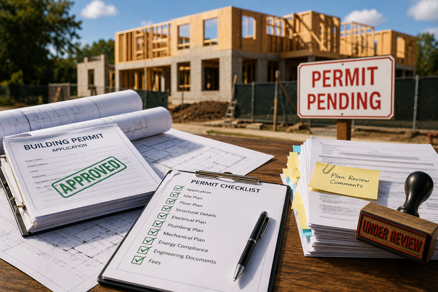 Infographic: Top 10 reasons building permits get delayed, with checklist and construction-themed icons.