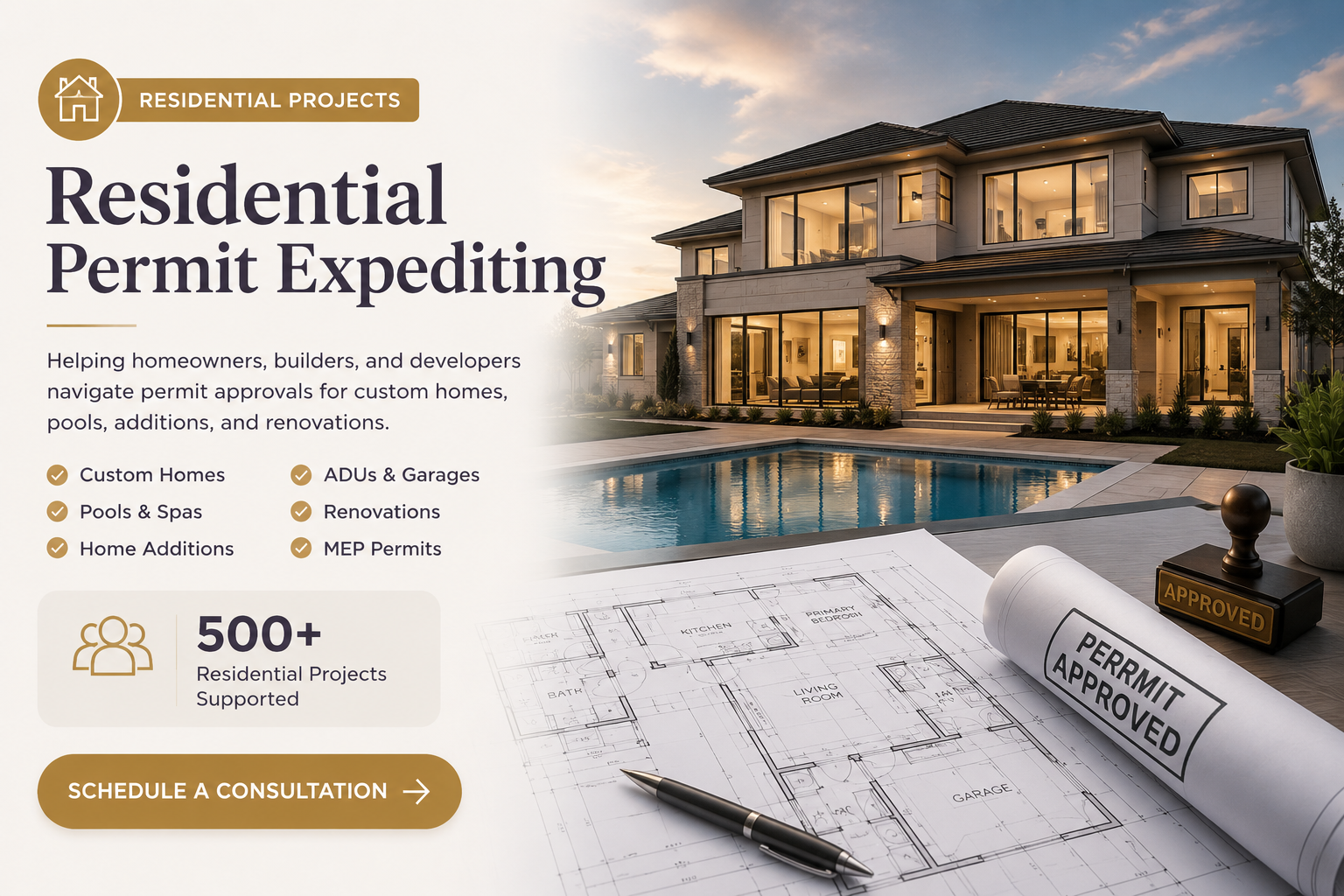Residential permit expediting ad with luxury home, pool, blueprint, and gold call-to-action button