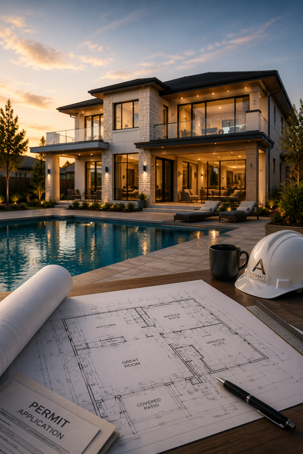 Split view showing a modern two-story house under construction next to the completed pool area and landscaped exterior.