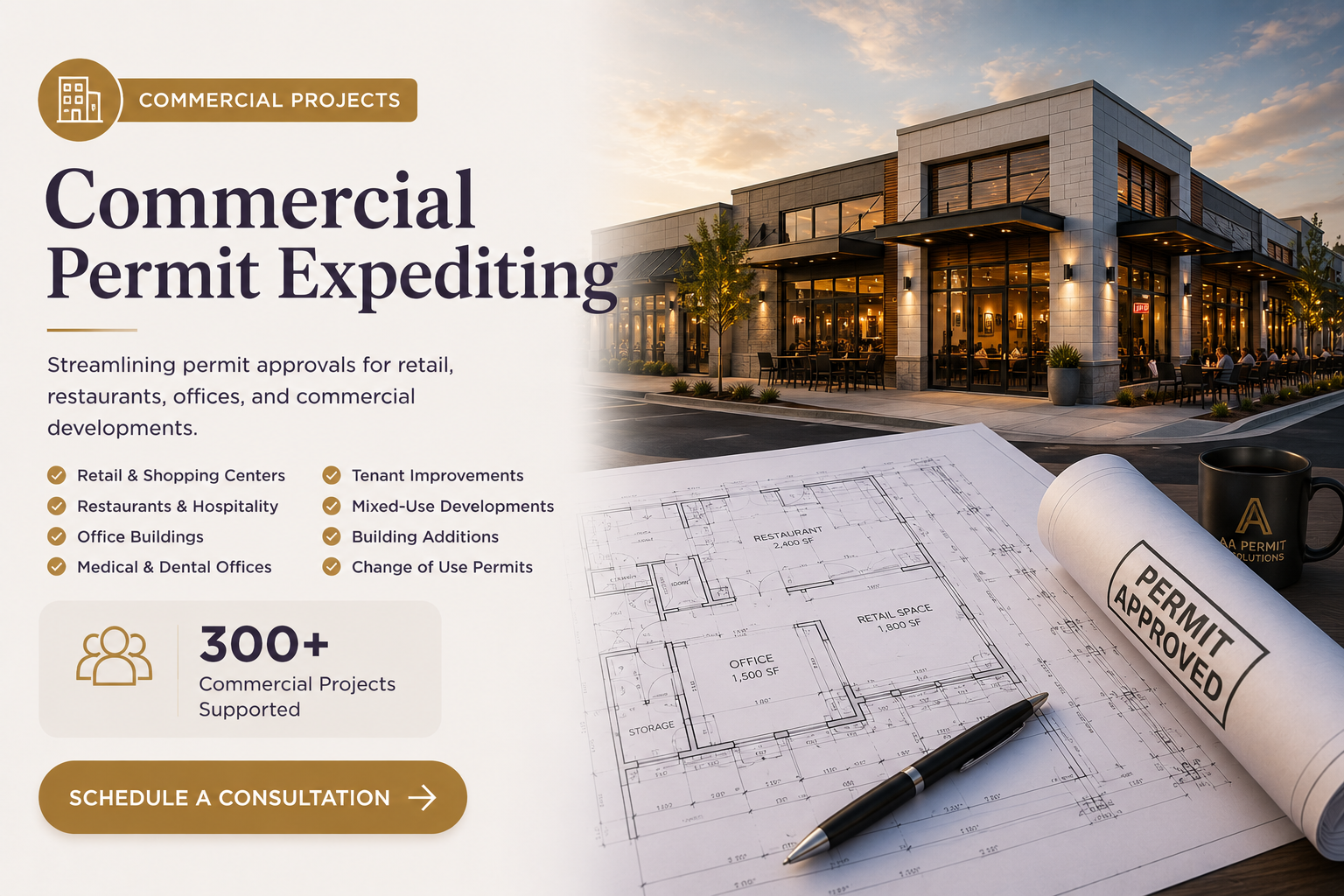 Commercial permit expediting ad with office building, blueprint, and rolled permit on desk at sunset