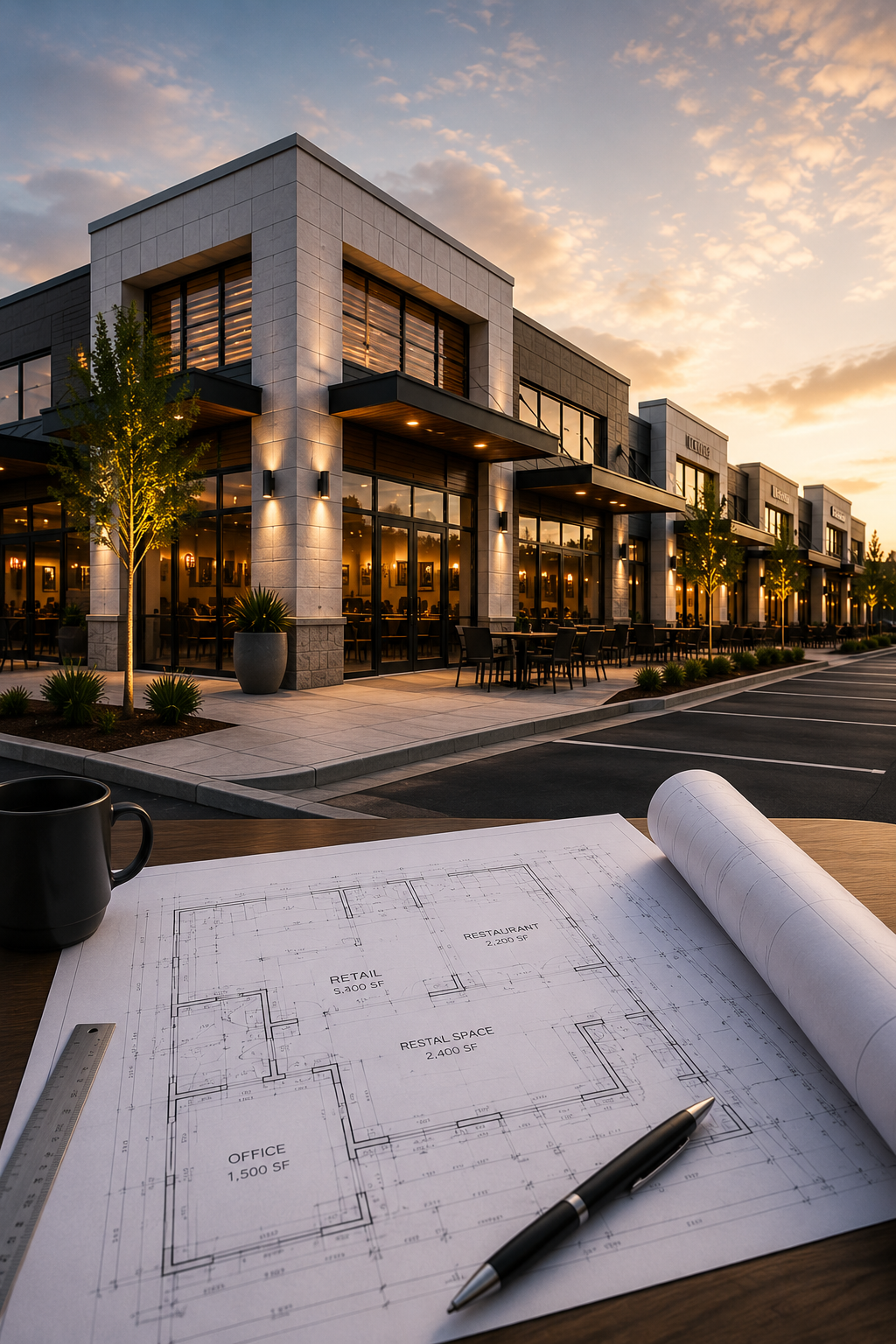 Architectural building rendering on a desk with rolled blueprints and a pen at sunset