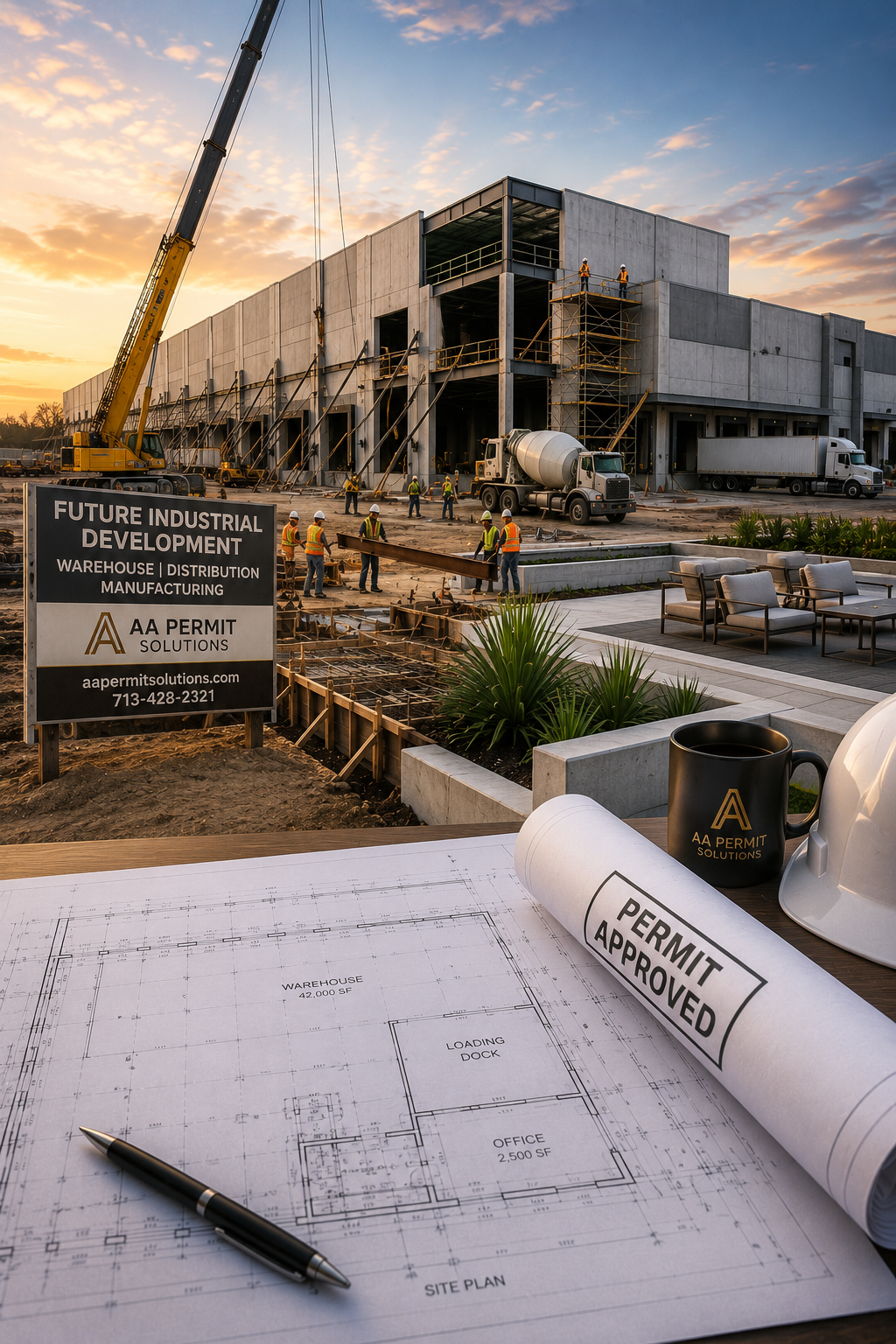 Construction site with crane, partially built concrete structure, blueprint, pen, and hard hat at sunset