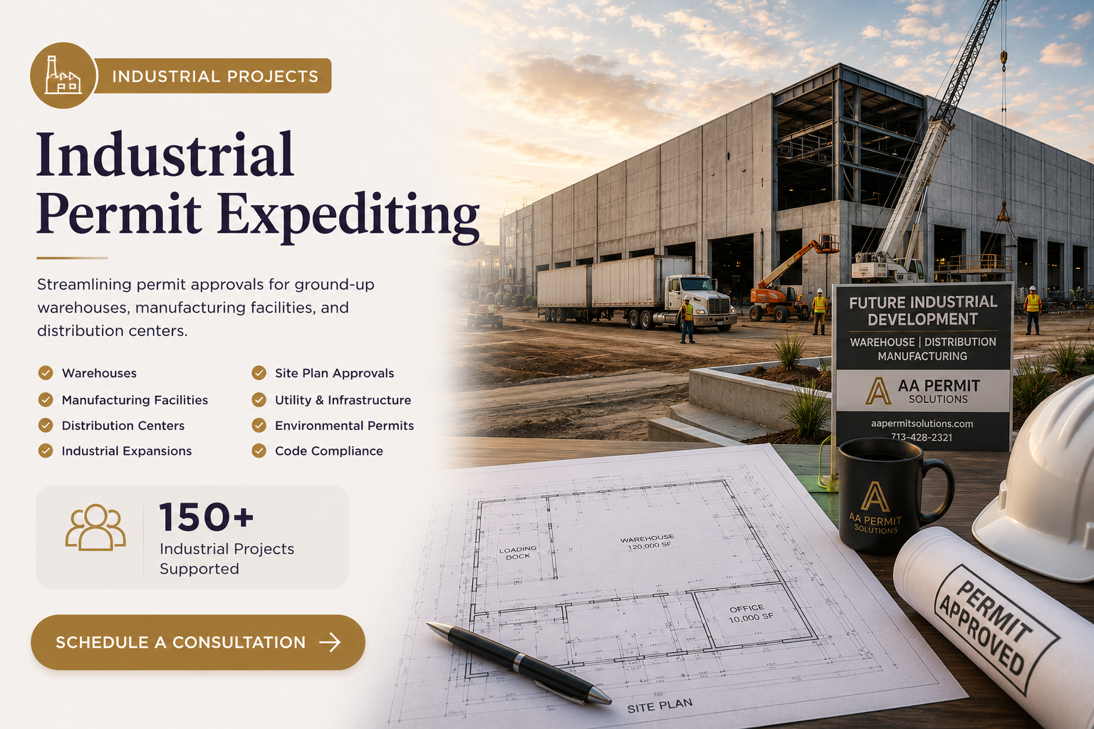 Industrial permit expediting ad with construction site, blueprint, and building render in warm beige tones