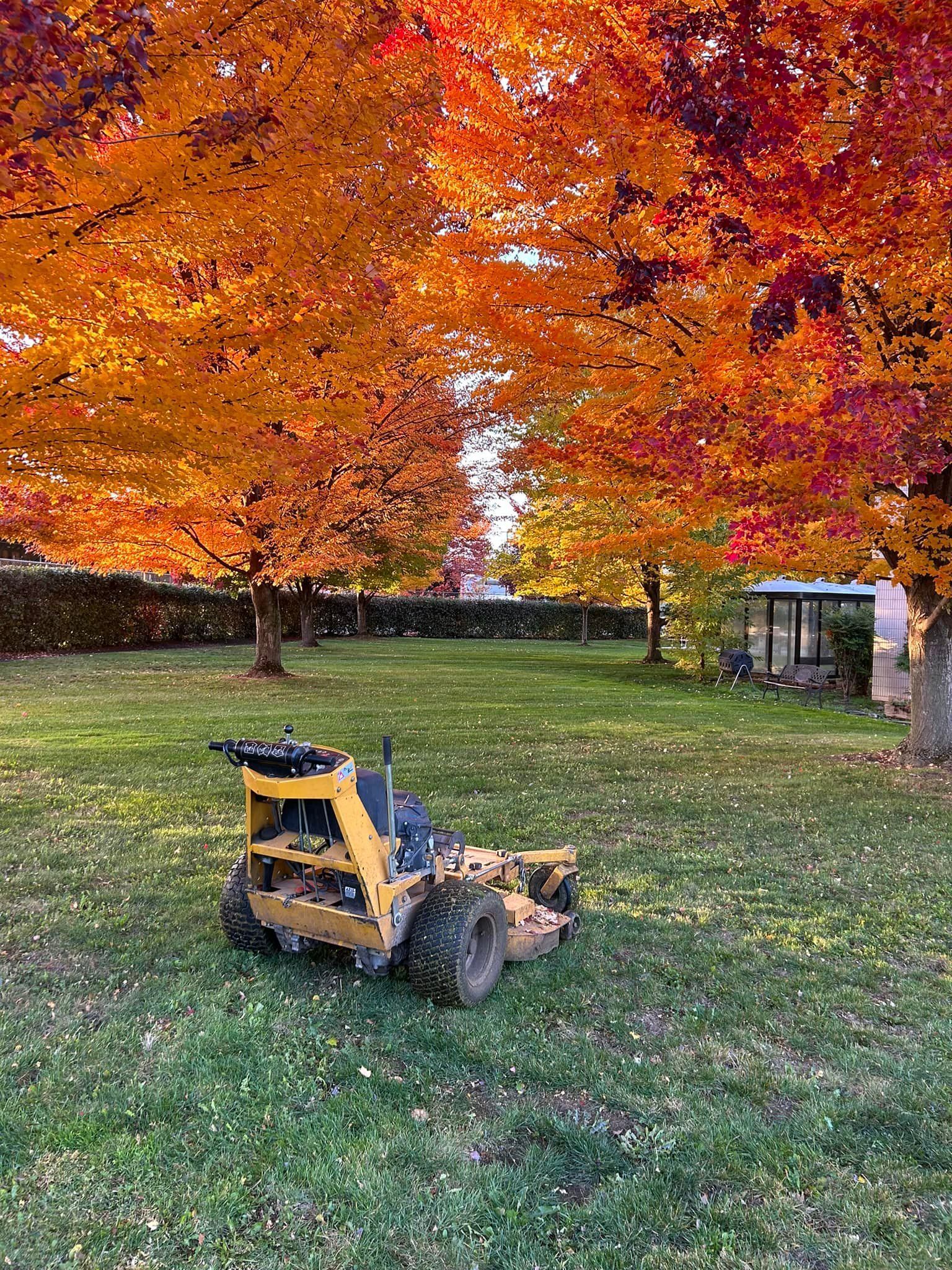 A stump grinder is sitting in the middle of a lush green field.