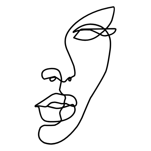 Line drawing of a face in profile, with closed eye and full lips.