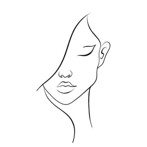 Line drawing of a woman's face, eyes closed, with hair partially covering it.