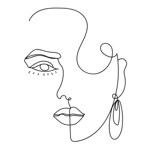 Line drawing of a woman's face in profile, with an eye, nose, lips, and dangling earrings.