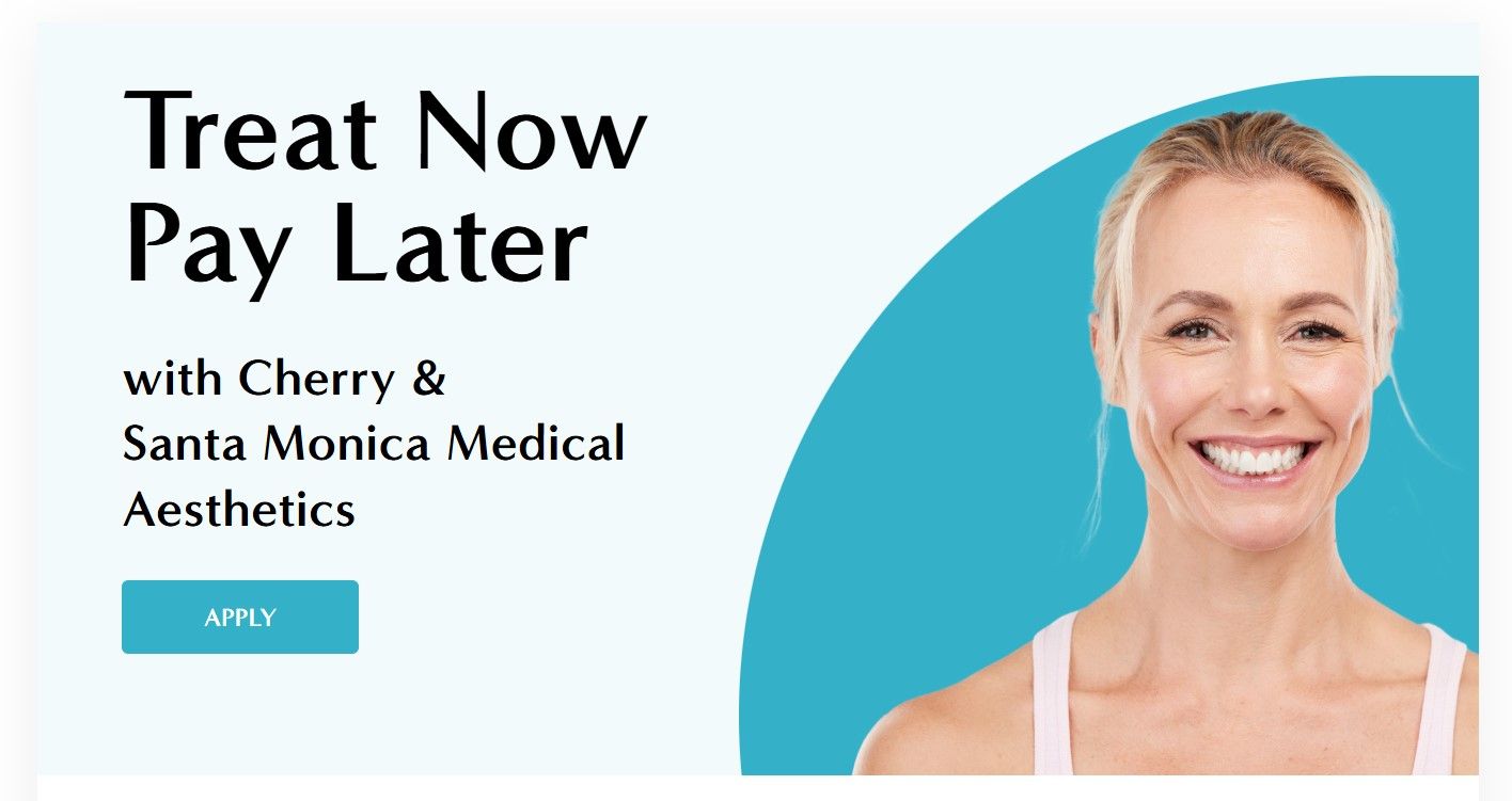 A woman is smiling in a blue circle with the words `` treat now pay later ''.