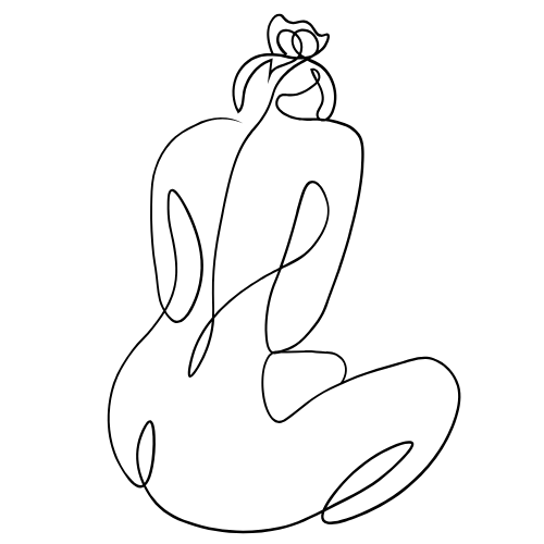Line drawing of a person sitting with their back to the viewer, head tilted, and arms folded.