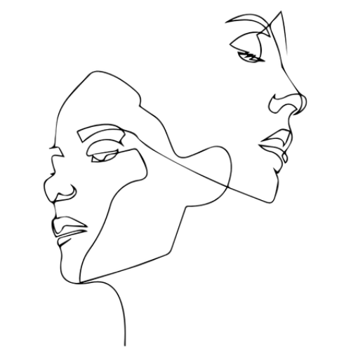 Two faces in a continuous line drawing, one facing forward, the other in profile.