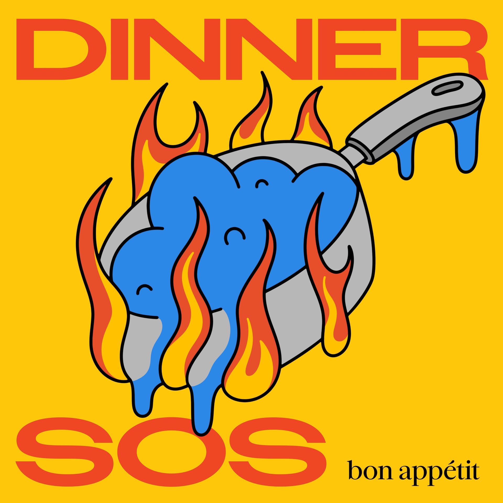 A cartoon drawing of a pan with flames and the words dinner sos