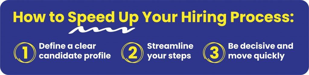 Infographic: Tips to speed up hiring. Steps include candidate profile, streamline steps, and be decisive.