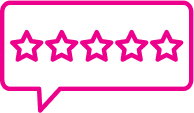 Pink speech bubble with five pink stars, indicating excellent customer review.