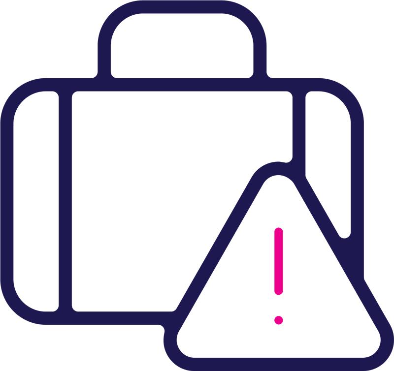 Luggage icon with an exclamation point, indicating a potential issue with baggage.