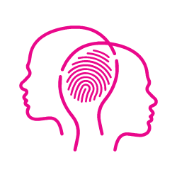 Two pink head profiles facing different directions, one with a fingerprint in the space representing the brain.