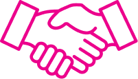 Pink outline of two hands clasped in a handshake, signifying agreement or partnership.