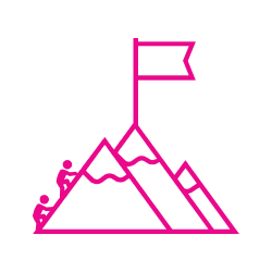 Pink line drawing of mountain with flag at top, two people climbing.