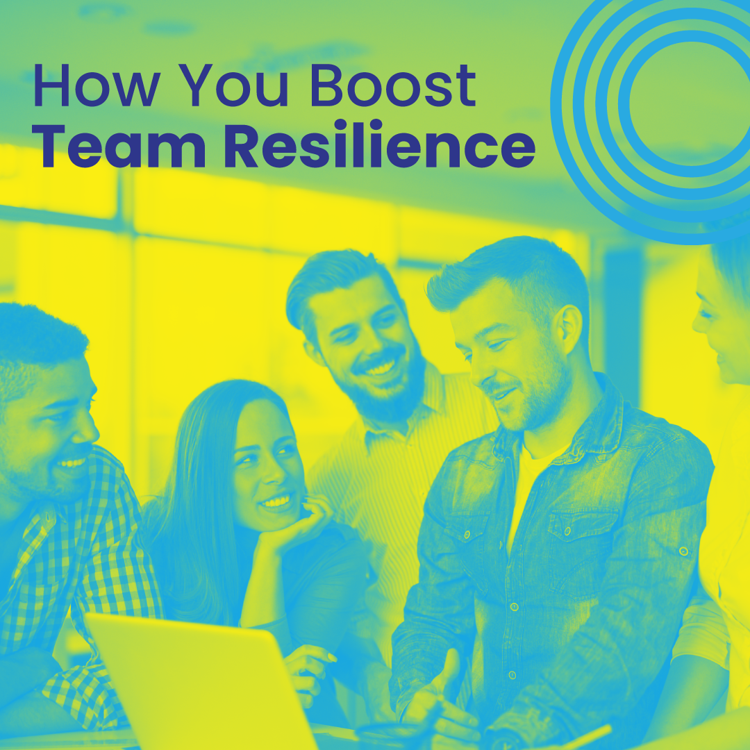 Team of smiling coworkers, in a brightly lit office, looking at a laptop. Text: