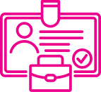 Pink ID badge with a person icon, briefcase, and checkmark.