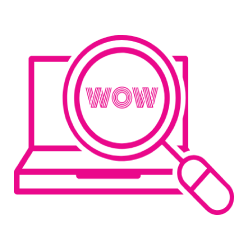 Pink laptop with magnifying glass focused on