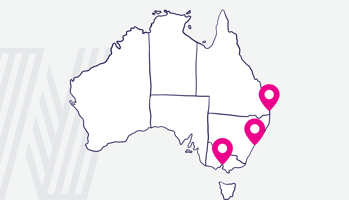 Map of Australia with three pink location markers in the southeast.