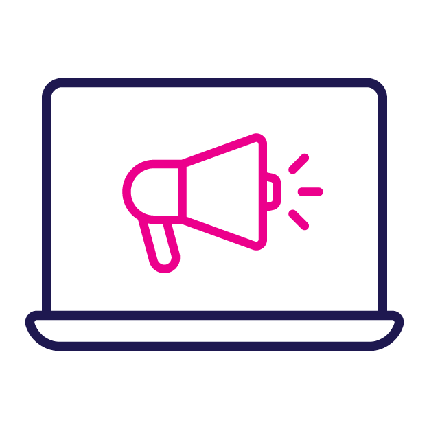 Laptop screen with pink megaphone icon.