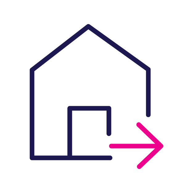 House outline with an open doorway and an arrow pointing right.