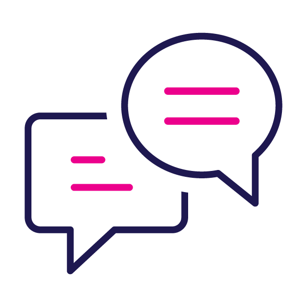 Two speech bubbles, one rectangular and one circular, with pink horizontal lines, indicating a conversation.