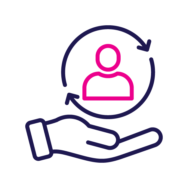 Hand holding a person icon within a rotating arrow circle, in pink and blue.