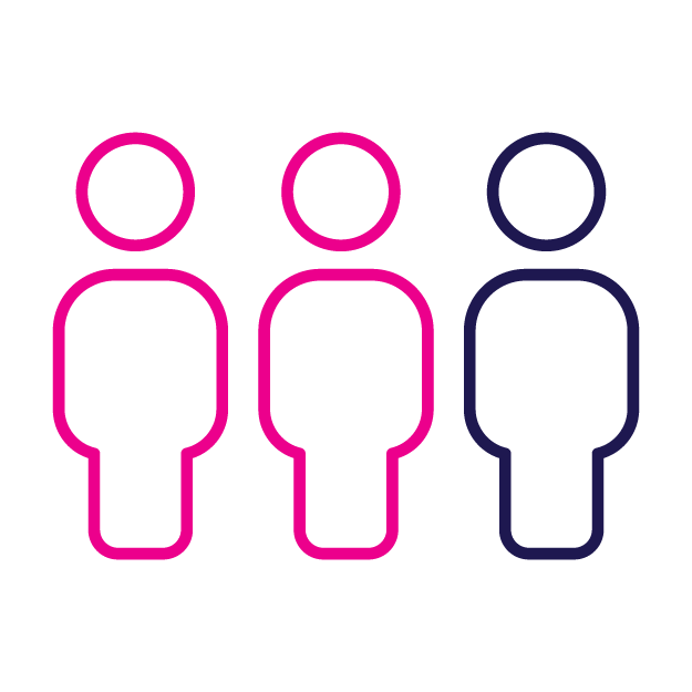 Three outlined figures: two pink, one blue.