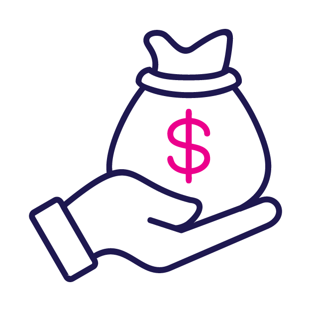 Hand holding a bag of money with a pink dollar sign on it.