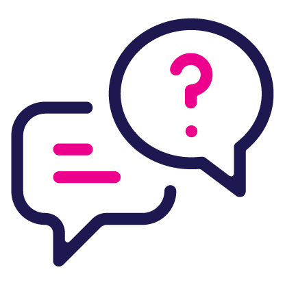 Two speech bubbles: one with pink question mark, the other with pink lines of text.