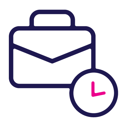Briefcase icon with clock, work time.