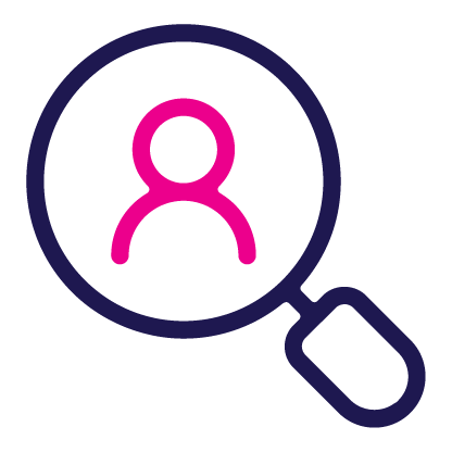 Magnifying glass over a person icon, magenta on white, within a navy blue circle.