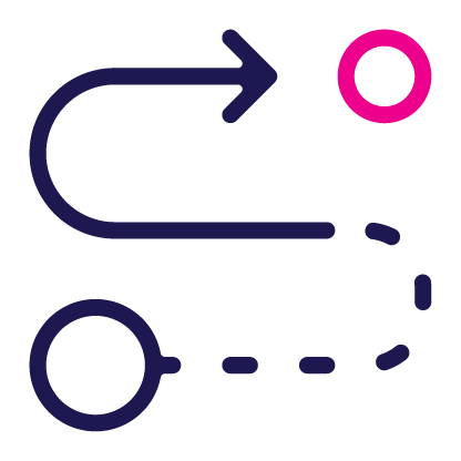 Blue and pink path with an arrow to a destination point.