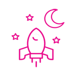 Pink rocket launching into space, surrounded by stars and crescent moon.