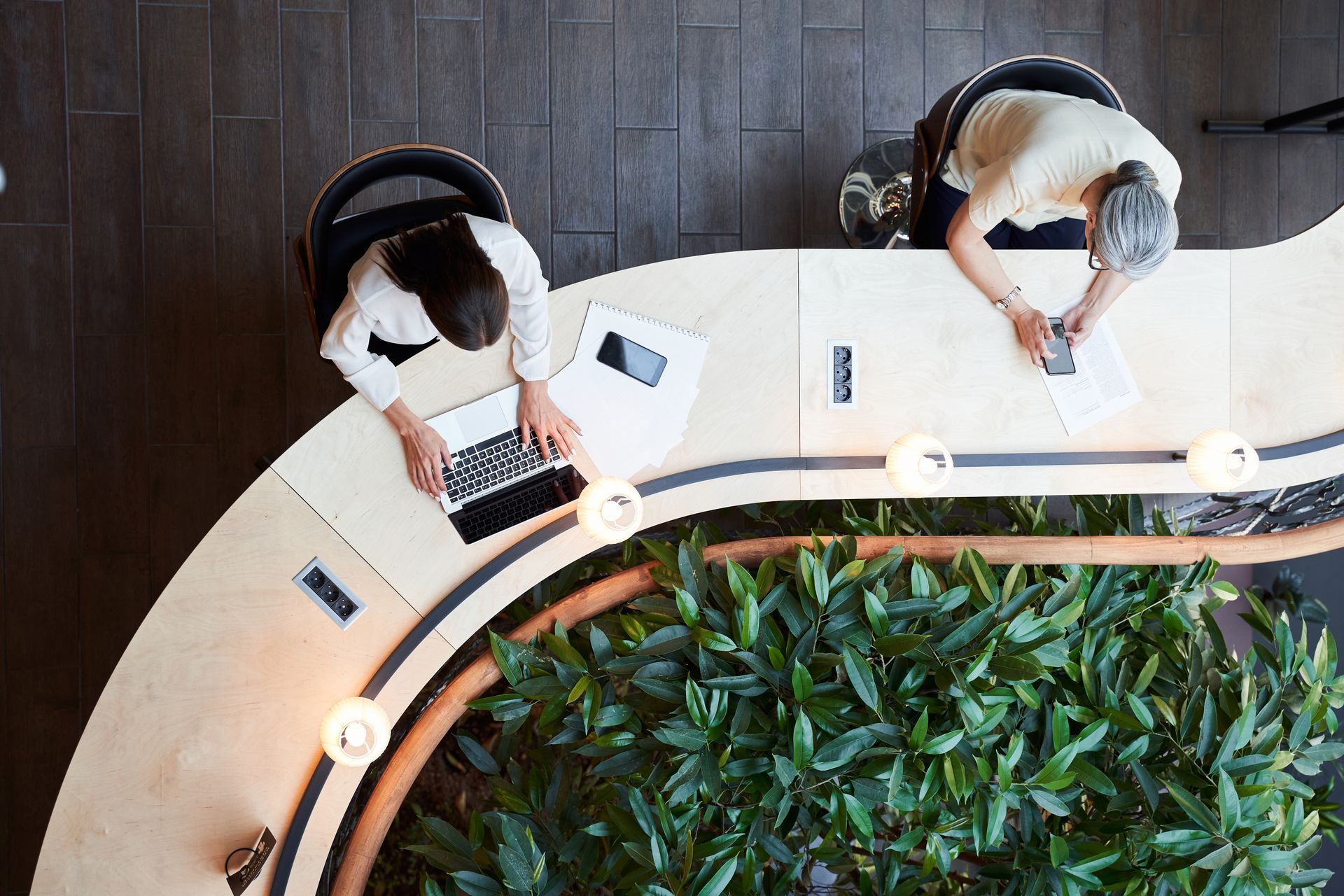 Two people at curved desk with plants, one on laptop, other on phone.