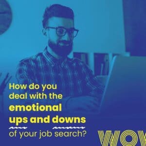 Man working on laptop, text: