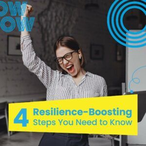 Woman with raised arm celebrating, wearing glasses and earbuds, with