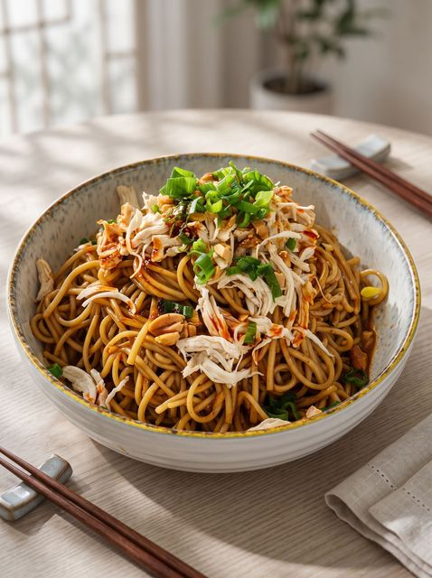 Bowl of spaghetti topped with herbs and shredded meat on a table with chopsticks and a napkin