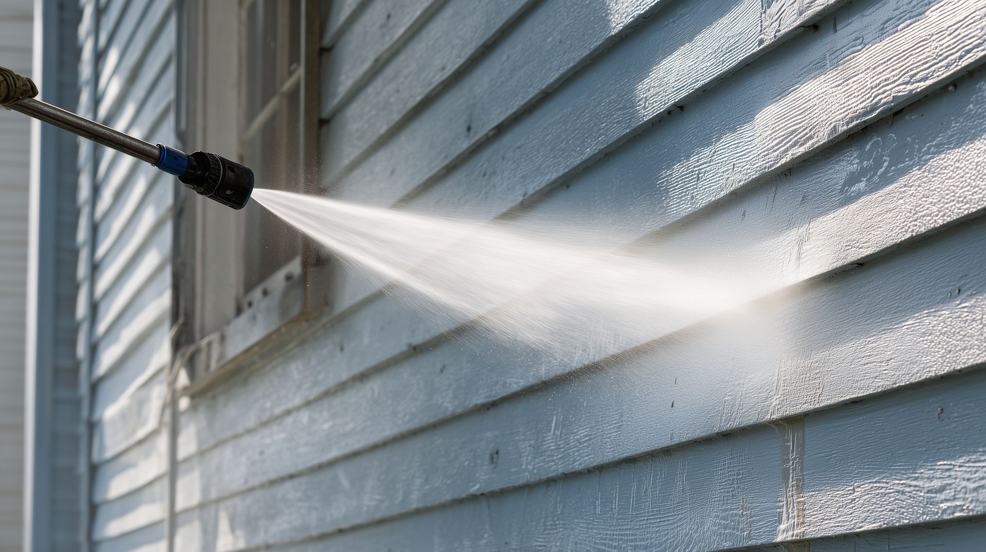 Pressure washer spraying water at a light blue house siding
