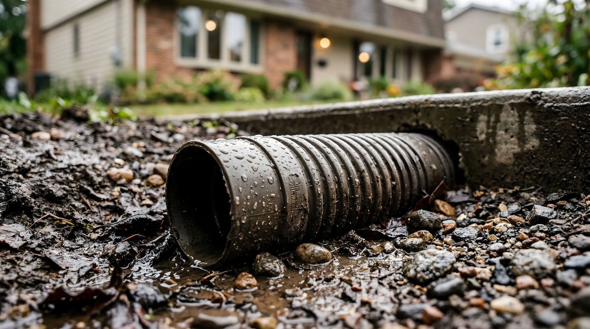 A corrugated drain pipe lies on muddy gravel beside a wet curb in front of houses.