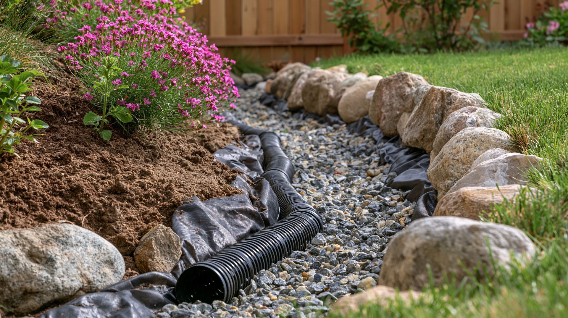 Curving backyard dry creek bed with rocks, black drainage pipe, and pink flowers beside a wooden fence