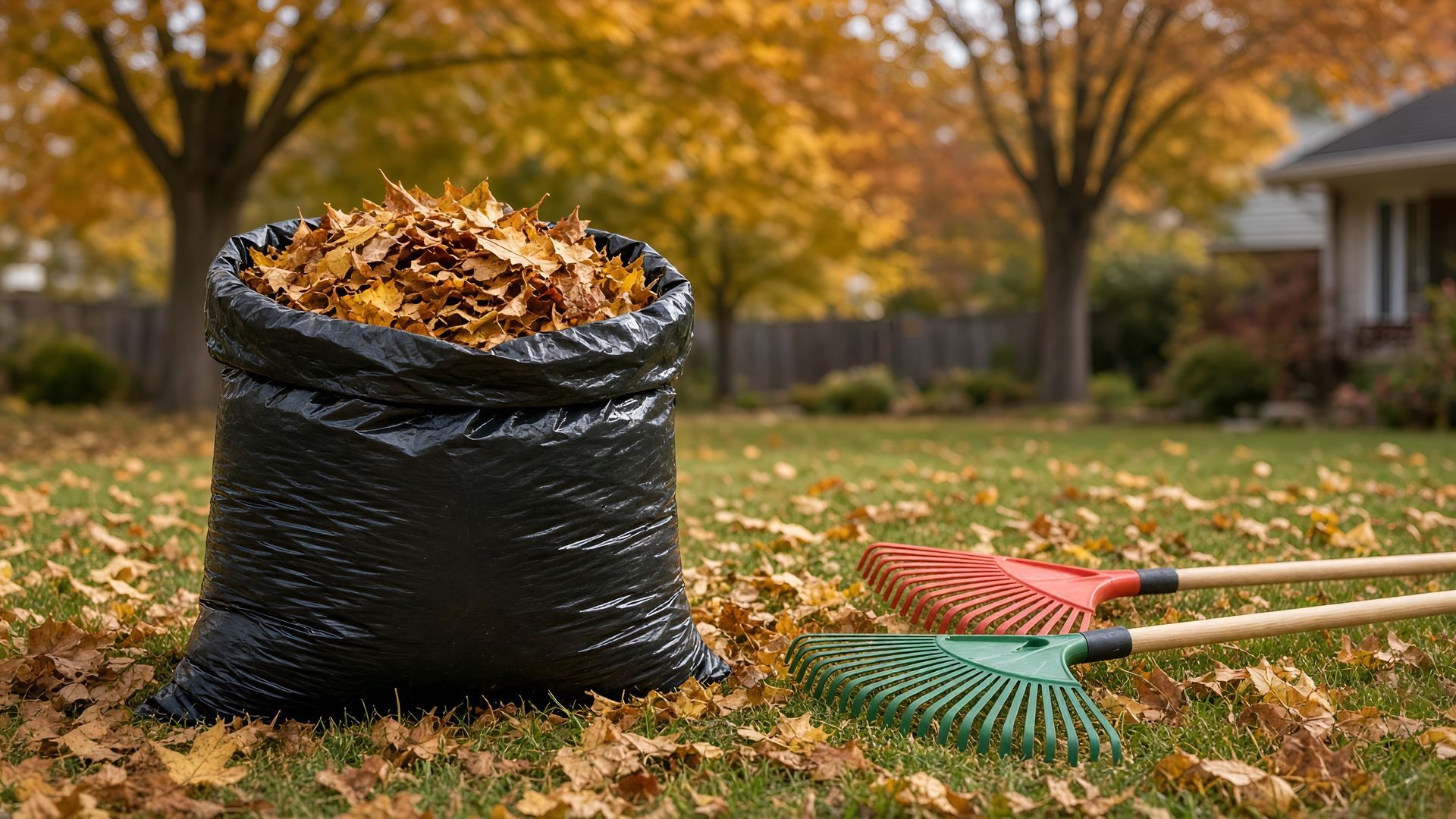 Autumn yard cleanup with a black leaf bag full of leaves and a rake on the grass.