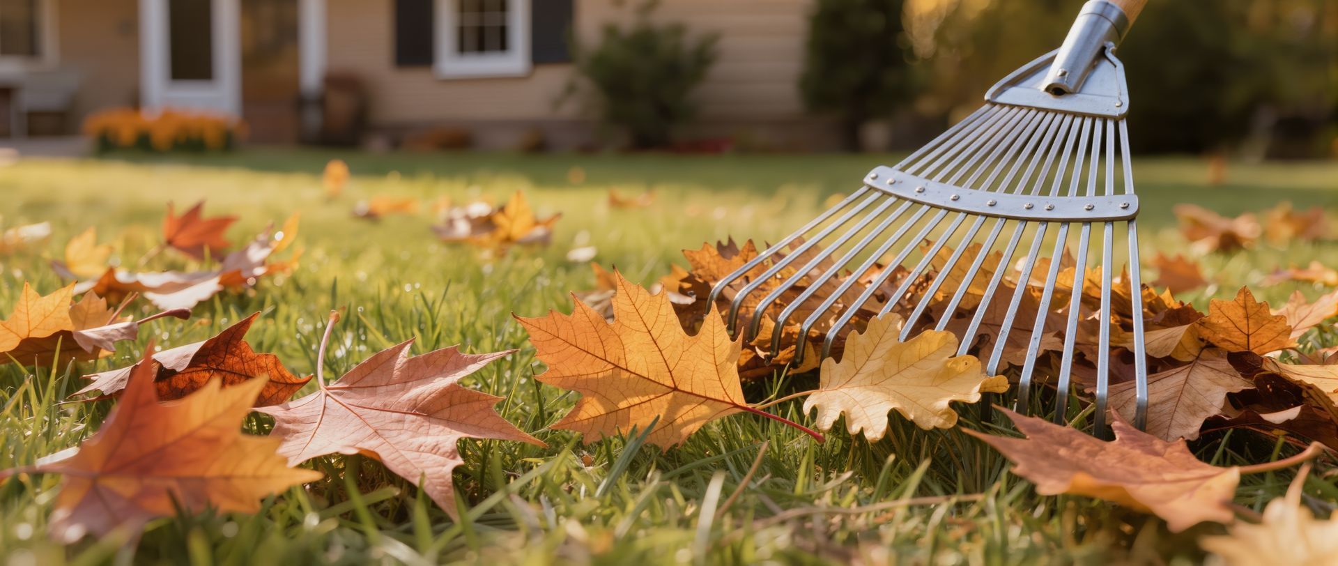 Garden rake collecting autumn leaves on a lawn near a house
